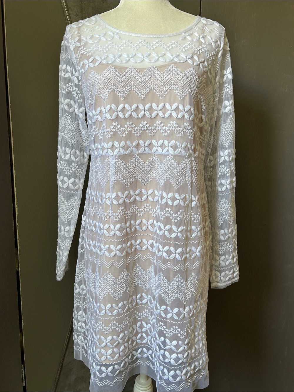 Catherine Malandrino dress 10 white nude Long sleeve Tulle knee length NWT